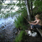 Child Fishing on Wooden Dock with Dog by Lake in Greenery