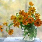 Yellow flowers, fruits, and glass objects on light background