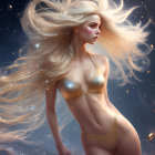 Ethereal woman with luminous hair in glittering attire on starry backdrop