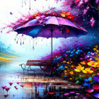 Vibrant rainy street scene with flowers, floating umbrella & bench in colorful painting