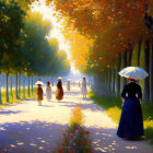 Period clothing figures stroll along sunlit autumn path