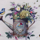 Colorful Bird Perched on Vintage Watering Can with Flowers