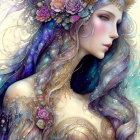 Woman with Cosmic-themed Hair and Floral Adornments