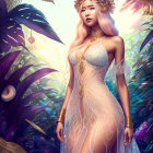 Digital artwork: Woman with pink hair in fantasy jungle with gold accessories and white lace dress