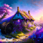 Thatched roof cottage with waterwheel by tranquil stream