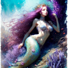 Mermaid with Long Purple Hair and Shimmering Green Tail Resting on Coral Reef