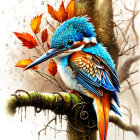 Colorful Kingfisher Bird Illustration with Branch, Flowers, and Berries