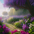 Tranquil garden pathway with vibrant flowers and wisteria leading to traditional structure