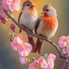 Colorful Birds Perched on Blooming Branch with Pink Flowers