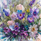 Purple and Blue Flower Bouquet with Green Foliage in Basket