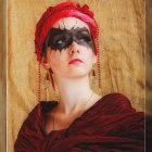 Woman in red headscarf and sunglasses with gold jewelry surrounded by dark red roses on ornate golden