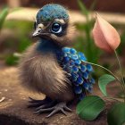 Colorful bird with peacock-like feathers on branch in lush foliage