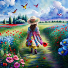 Woman in white dress surrounded by red poppies and blue flowers in dreamy landscape