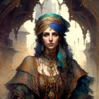 Digital artwork of woman in fantasy setting with detailed hat and ornate armor among golden leaves and ethereal