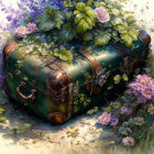 Intricate Green Treasure Chest Surrounded by Lush Flowers