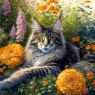 Long-Haired Cat Relaxing Among Colorful Flowers and Greenery