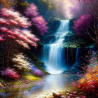 Colorful waterfall painting in mystical forest with cabin and flowers