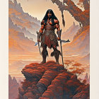 Fantasy warrior with spear on rocky outcrop in dramatic landscape