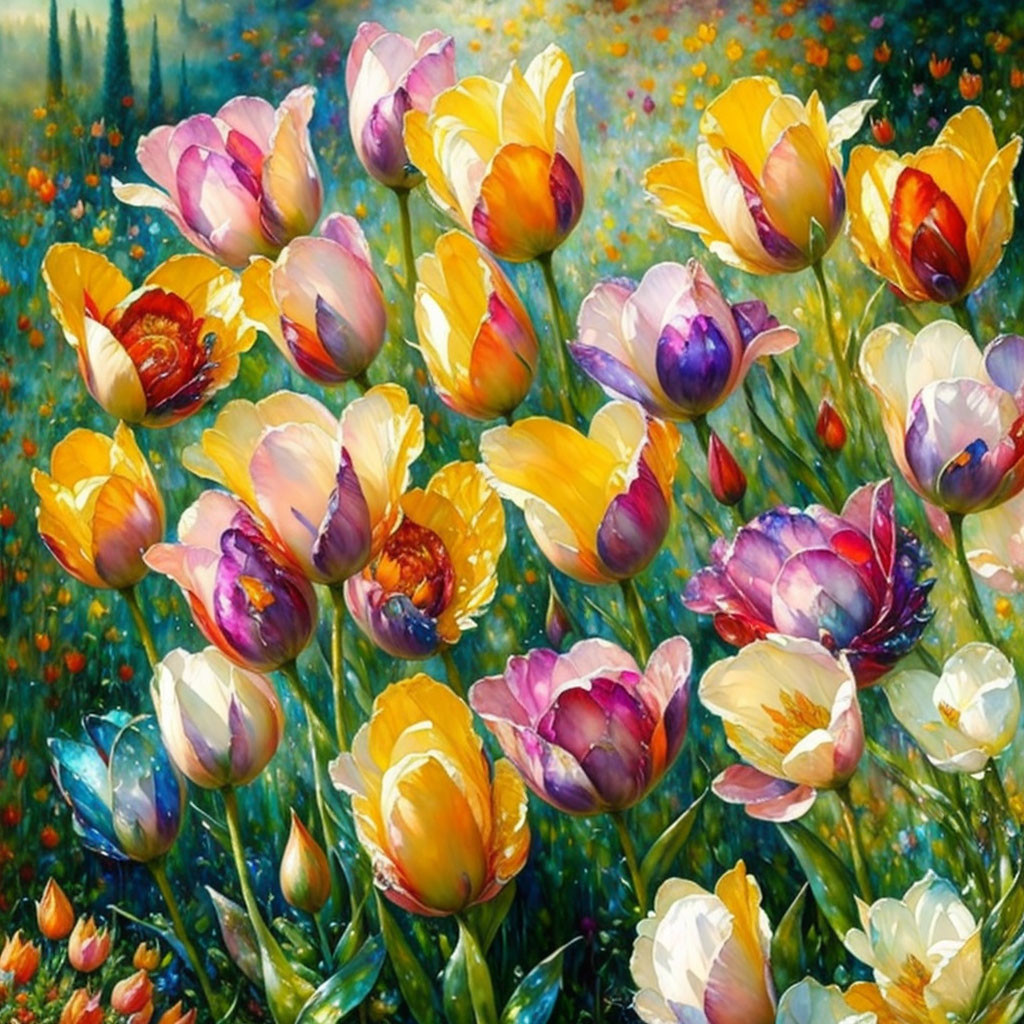 Colorful Tulip Field Painting with Yellow and Purple Flowers