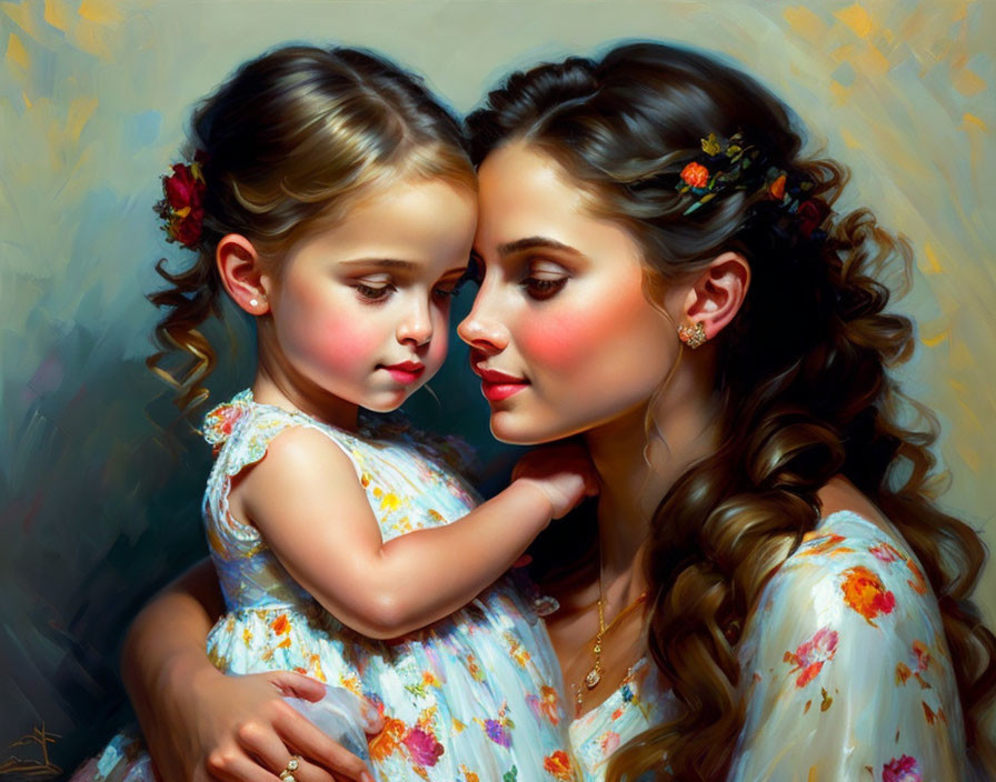 Portrait of Young Woman and Girl in Floral Dresses Sharing Tender Moment