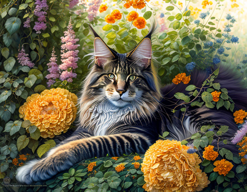 Long-Haired Cat Relaxing Among Colorful Flowers and Greenery