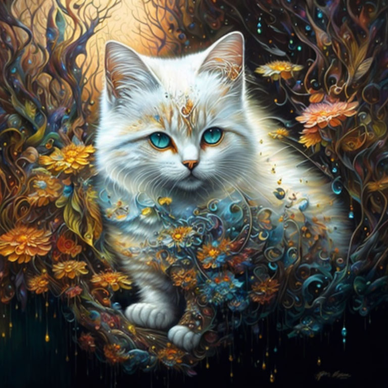 Whimsical painting of white and grey cat in colorful fantasy forest