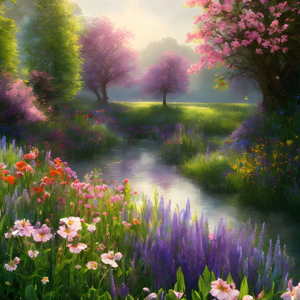 Tranquil landscape with stream, vibrant flowers, and blossoming trees