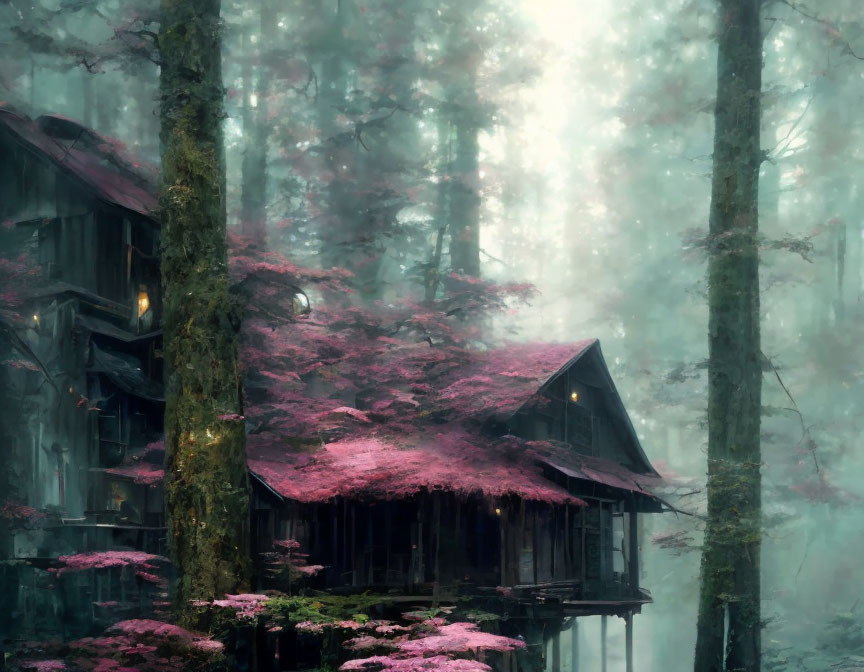 Mystical cabin in pink foliage forest: serene and enchanting landscape