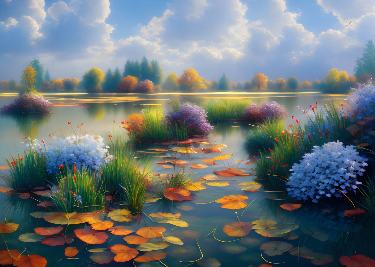 Tranquil autumn lake scene with colorful foliage and floating leaves