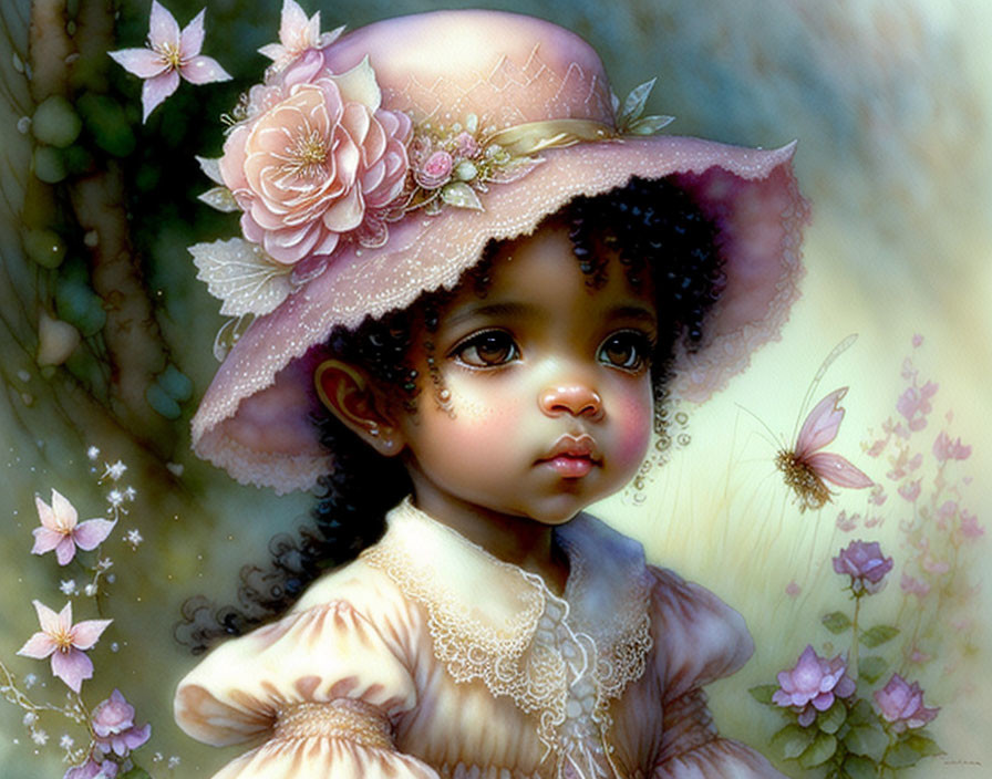 Young Girl in Vintage Pink Hat with Flowers Against Floral Background