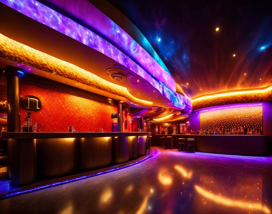 Cosmic-themed bar interior with starry ceiling and galaxy-inspired design