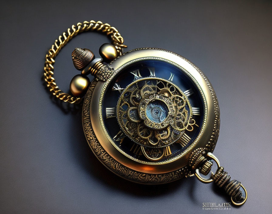 Ornate open-faced mechanical pocket watch with intricate gears on dark background