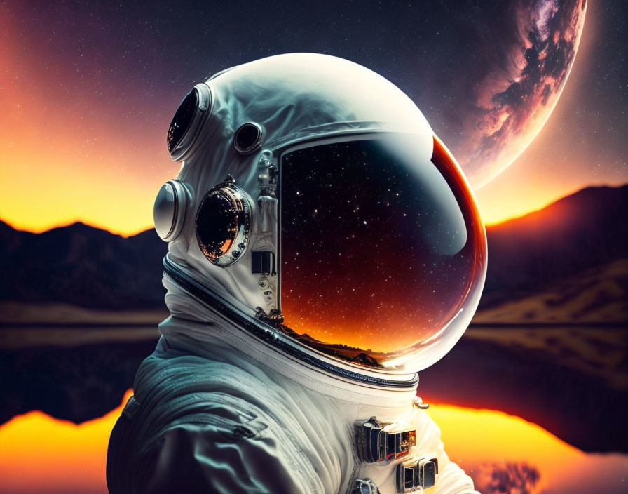 Astronaut with reflective visor gazes at distant planet and dramatic sunset