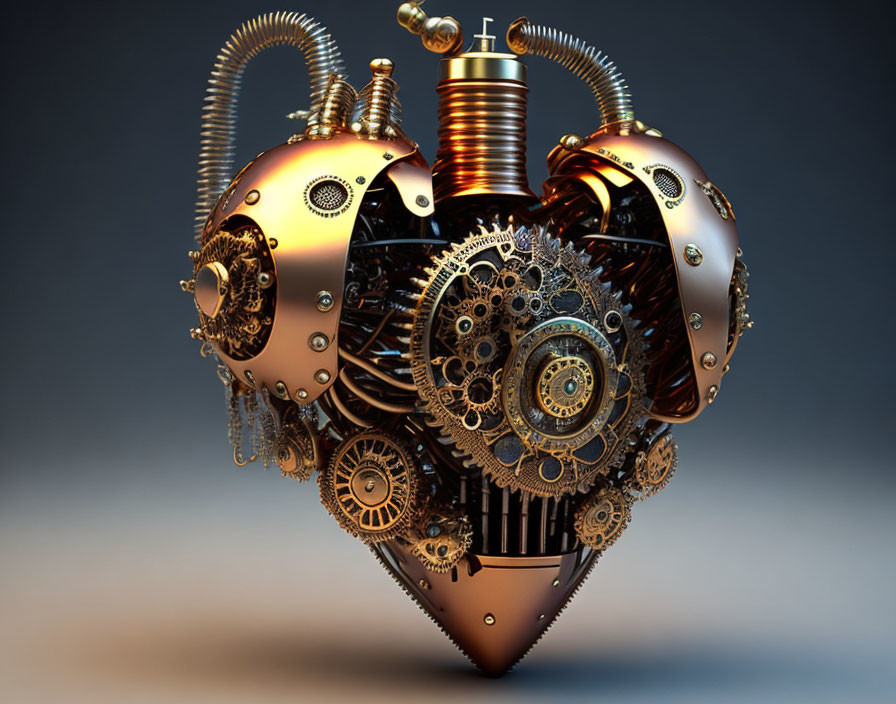 Steampunk-inspired metallic heart with gears and pipes on dark background