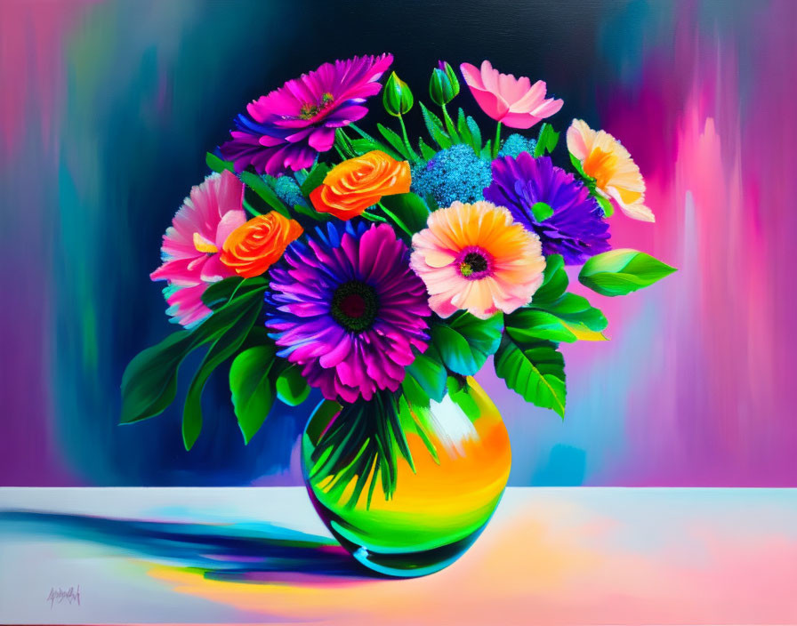 Colorful bouquet painting with pink and purple flowers in vibrant vase