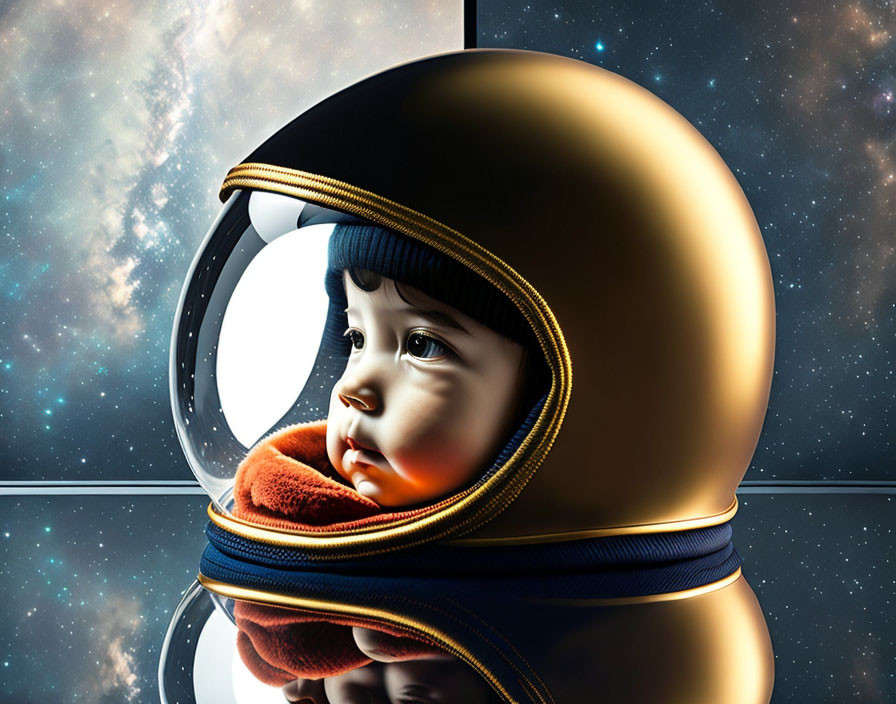 Child in astronaut helmet gazes at stars from shuttle window