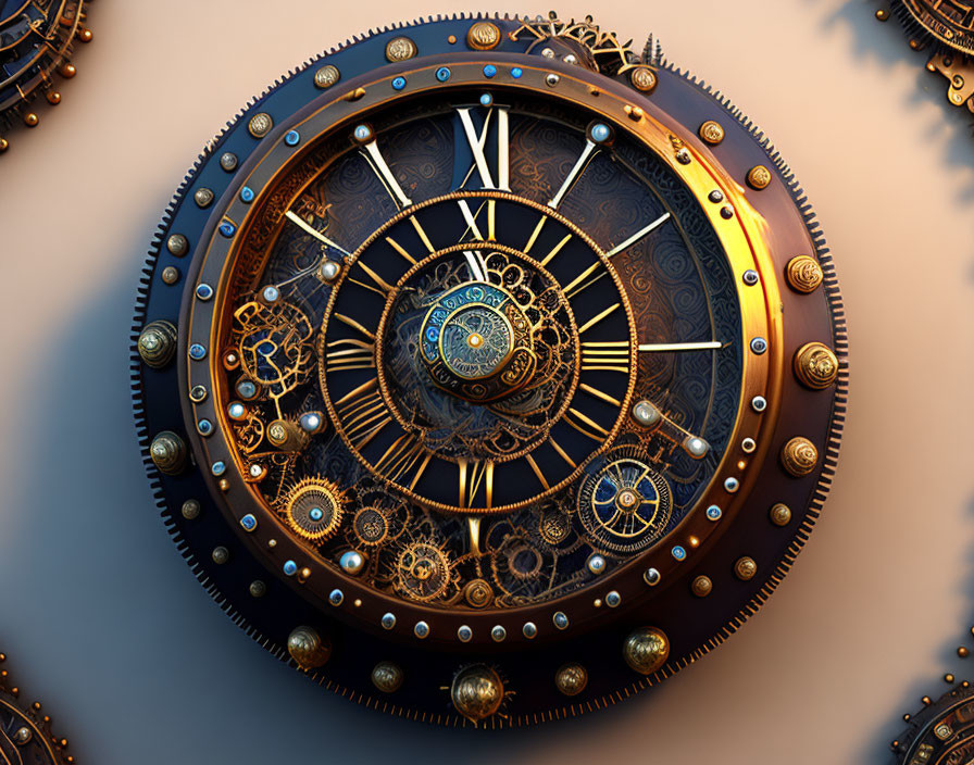 Steampunk-inspired clock with intricate gears and Roman numerals on warm backdrop