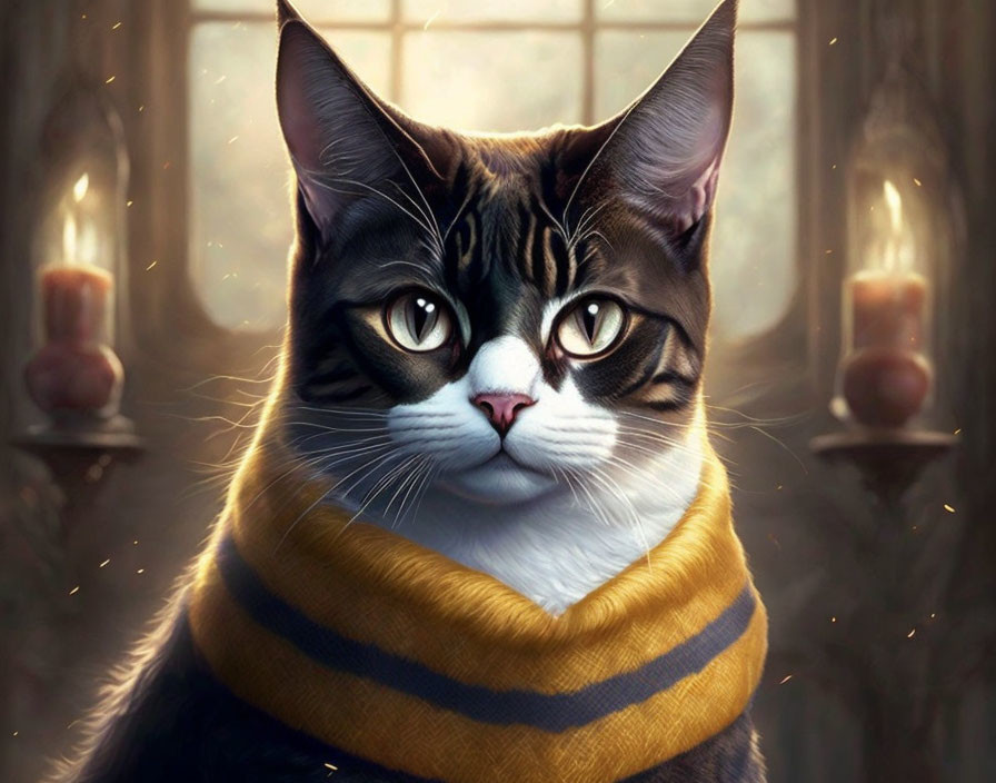 Majestic Tabby Cat Portrait with Yellow and Black Scarf