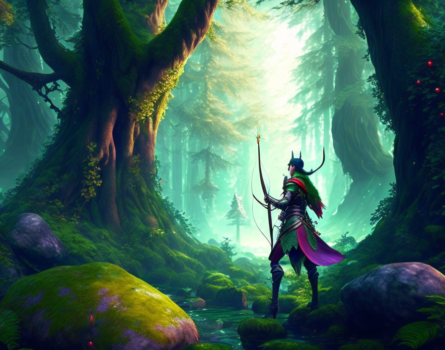 Fantasy archer in enchanted forest with towering trees