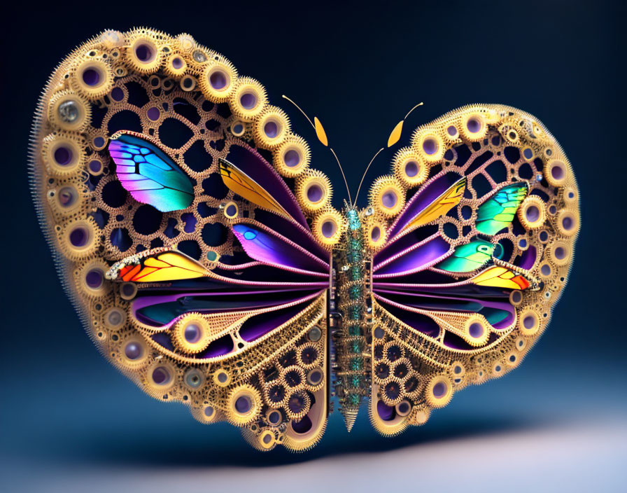 Butterfly with Gear Wings and Stained-Glass Patterns on Blue Background