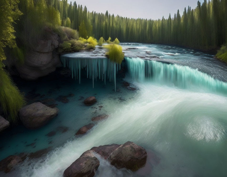 Tranquil river in lush forest with hanging icicles