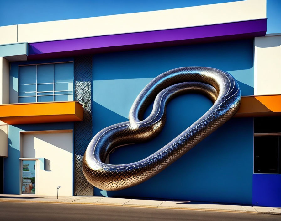 Vibrant blue and orange modern building with metallic knot sculpture.