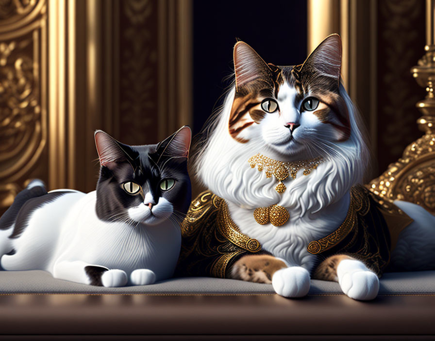 Regal cats with majestic fur patterns in luxurious room