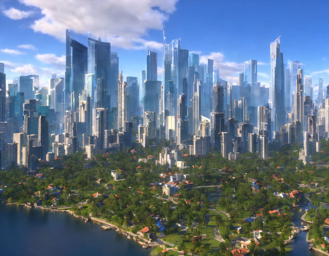 Futuristic cityscape with skyscrapers, parks, and waterfront in clear blue sky