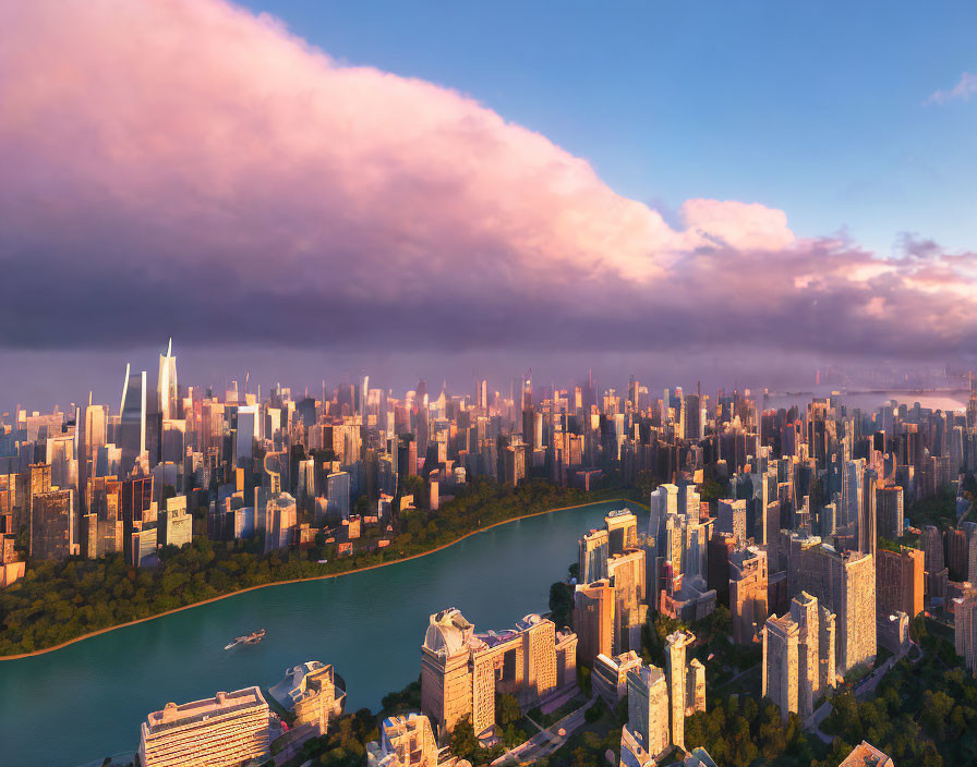 Cityscape sunset with skyscrapers and waterfront under pink-tinged clouds