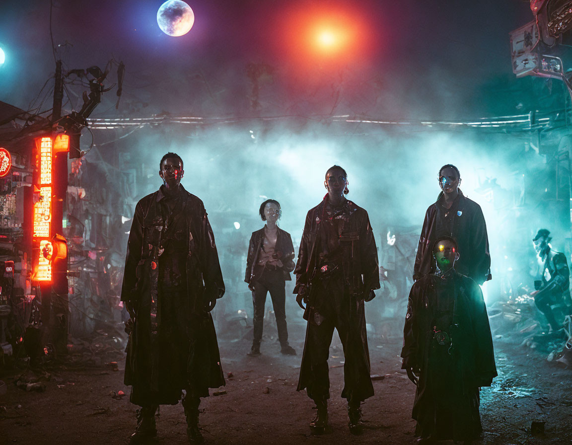 Four People in Grungy Attire in Neon-Lit Alley