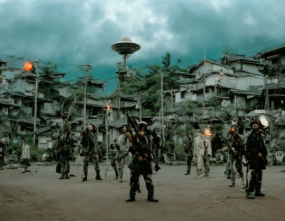 Armed group in dystopian setting with dilapidated buildings.