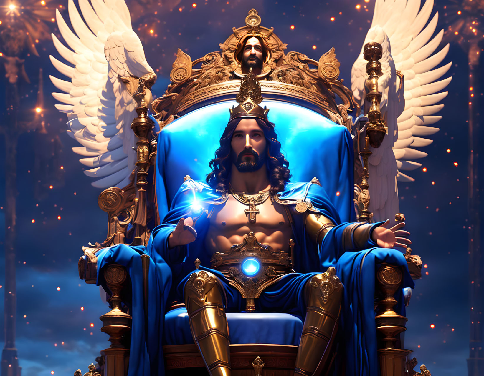 Regal fictional character on majestic throne with angelic wings and glowing orbs