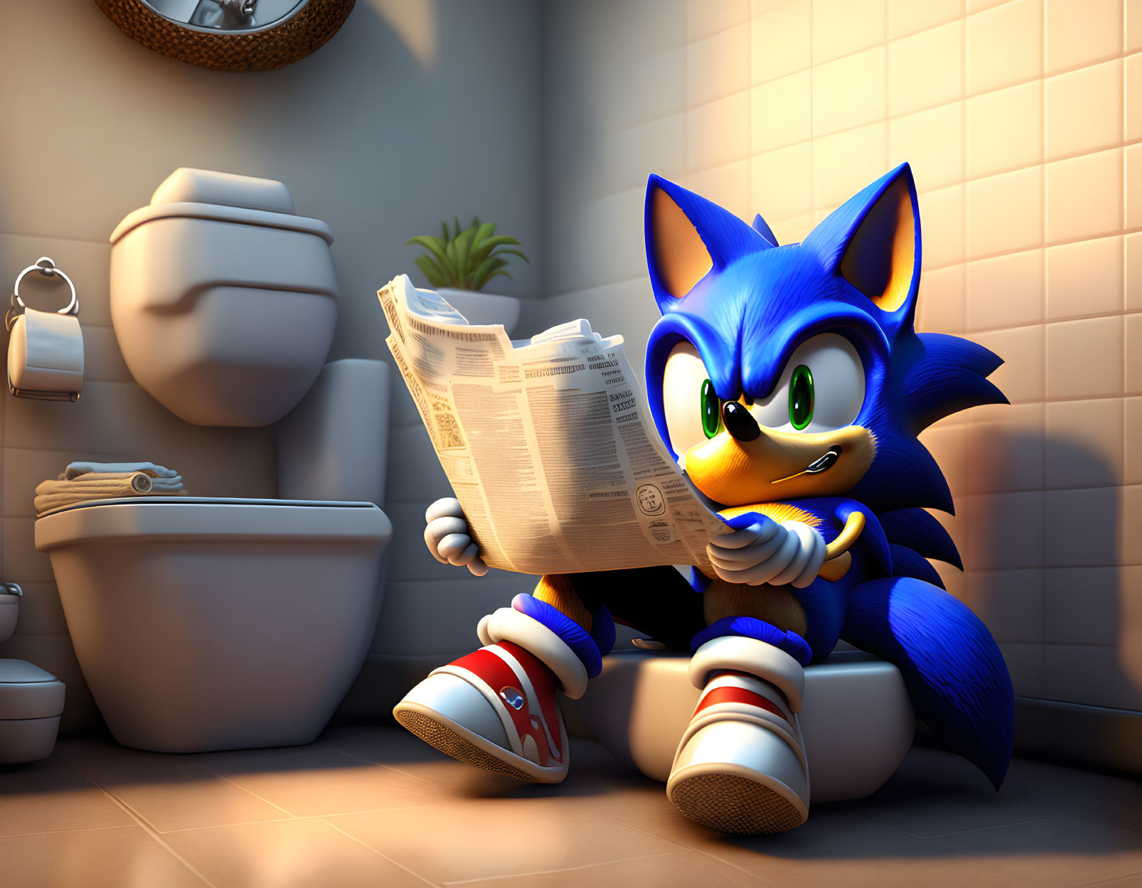 Blue Hedgehog Reading Newspaper on Toilet in Bathroom