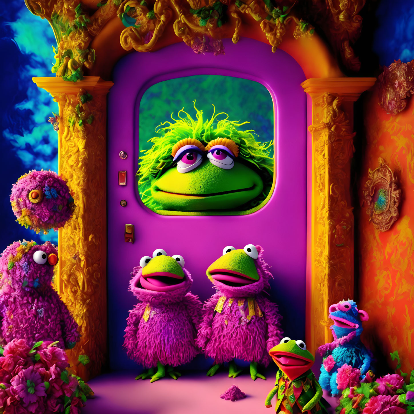 Colorful Fuzzy Characters in Decorated Room